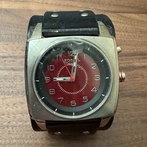 Fossil Red Dial Square Stainless Watch with Black Leather Strap